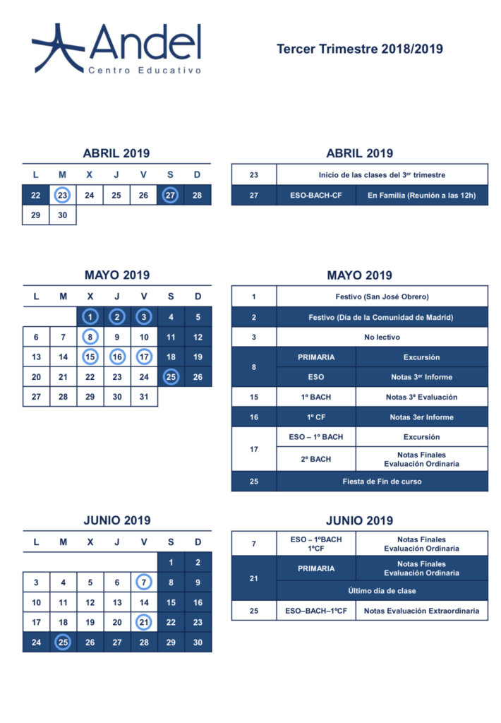 Calendario Andel T3 Colegio Andel en Alcorcón